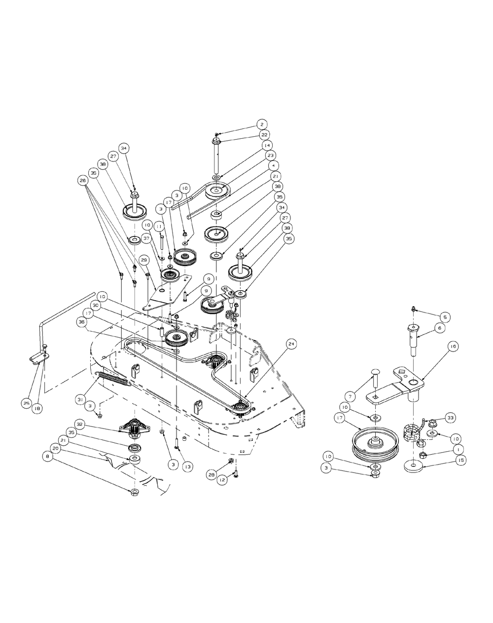 Fabricated Deck Spindle Assembly 44-Inch Diagram and Parts List for ENFORCER44 53AI3AGF750-19HP Cub Cadet Lawn Tractor